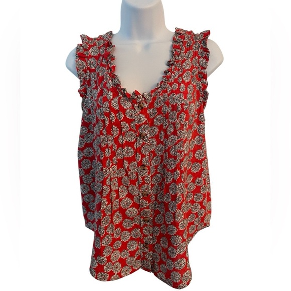 Maeve red floral ruffle trim button-up scoop neck tank top blouse size 4P - Picture 3 of 8